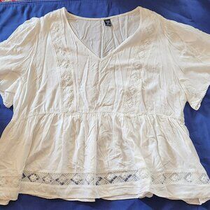Shein Curve babydoll style blouse sz 3X white lace inserts EUC